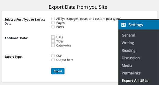 Export all URLs settings page