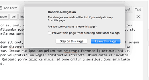 Unsaved changes warning popup in WordPress post editor