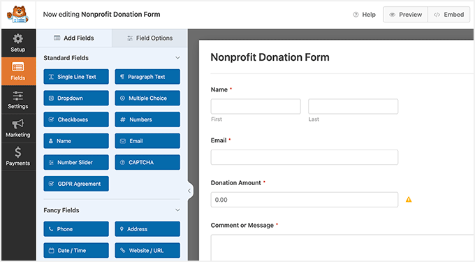 WPForms nonprofit donation form