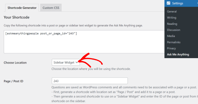 Choose sidebar location and page ID