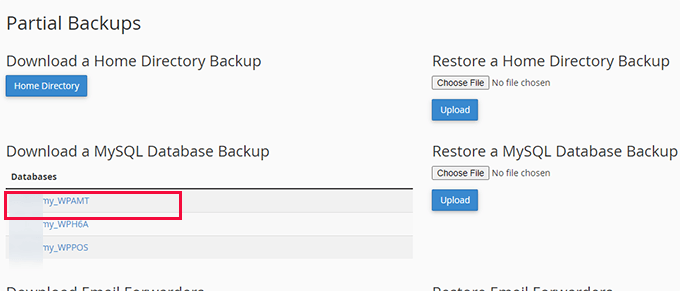 Download cPanel database backup