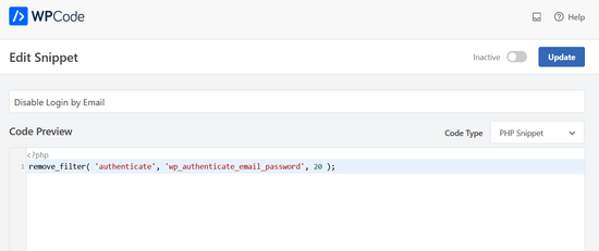 WPCode automatically adds the code for disabling login by email