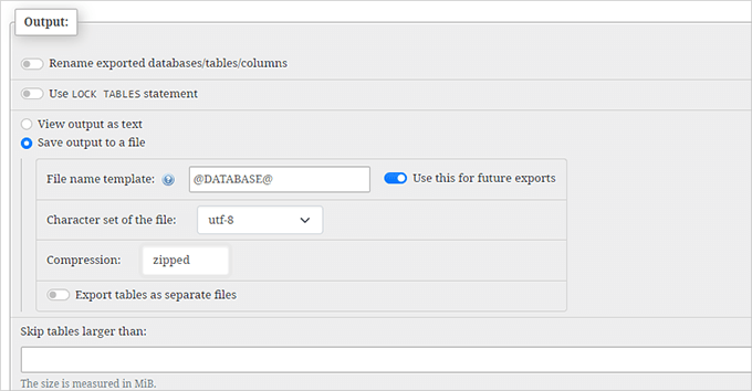 Selecione a saída de backup do banco de dados