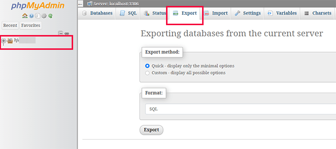 phpMyAdmin export database