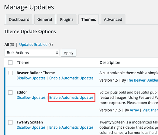 Select which themes to automatically update