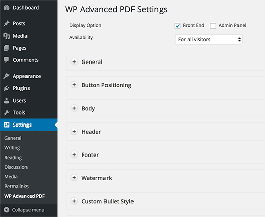 Advanced PDF settings