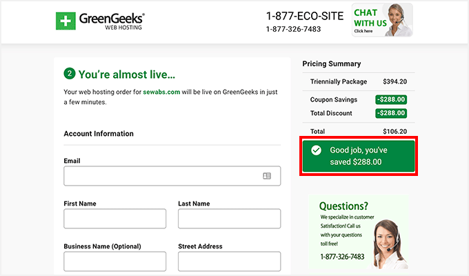 Enter your details to set up your GreenGeeks account