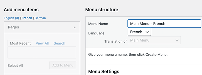 Translating menus 