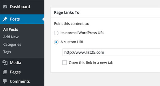 Adding a custom URL in page links to