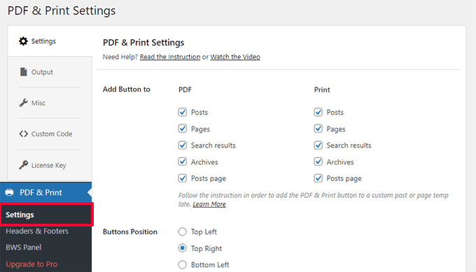 PDF and Print settings 