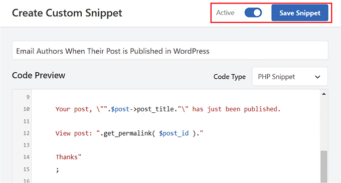 Save the snippet for emailing authors upon post publication