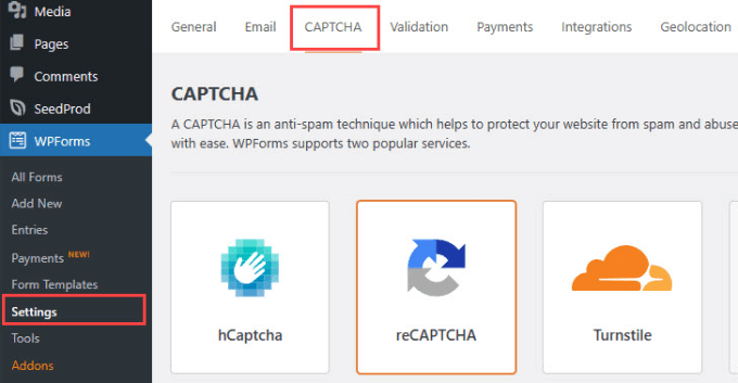 WebHostingExhibit Captcha-tab-in-WPForms-1 How to Stop Spam Registrations on your WordPress Membership Site  