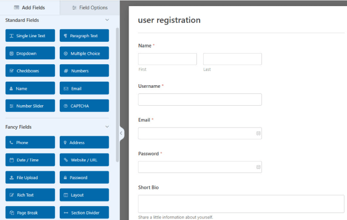 User registration form in WPForms form builder