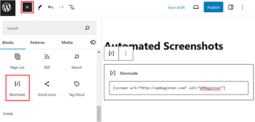 Add the shortcode block for automated screenshots