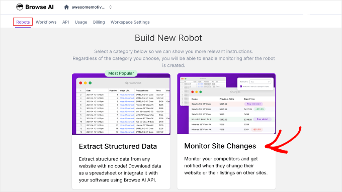 En Browse AI, selecciona Monitorizar cambios en el sitio