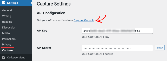 La página de configuración del plugin Capture
