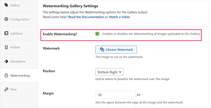 Check enable watermarking option