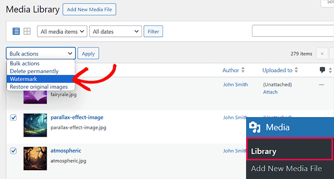 Choose watermark option on the media library page