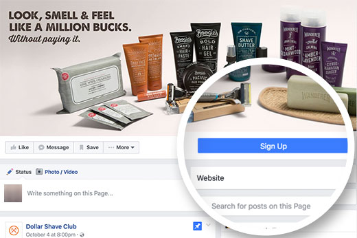 Call to action button on a Facebook business page