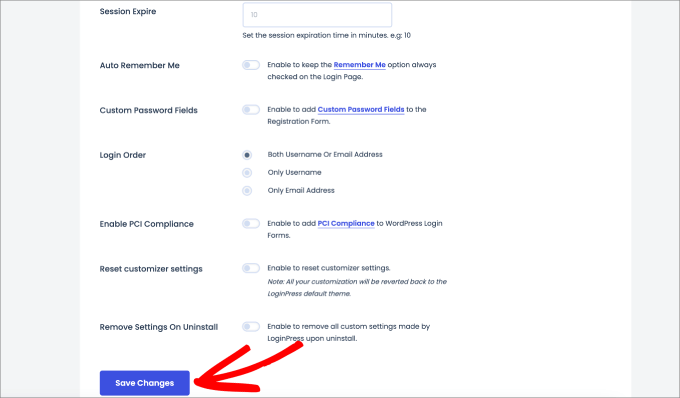 save changes in loginpress