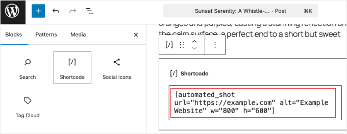 Agregar Shortcode para agregar una captura de pantalla automática a una publicación