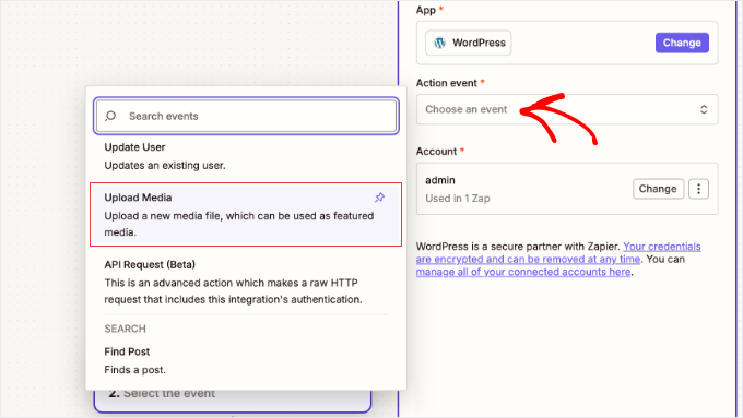 Elegir el evento 'Subir medio' para tu acción de WordPress en Zapier