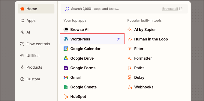 Elegir WordPress para tu acción de Zapier