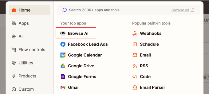 Selecciona el disparador de Browse AI en Zapier