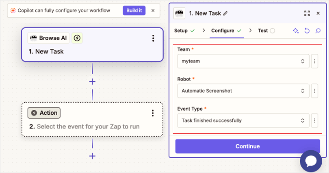 Configurar los ajustes del disparador para Browse AI en Zapier
