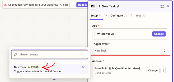 Agregar un nuevo evento de Browse AI como evento disparador en Zapier