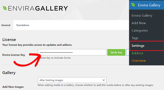 Envira Gallery lisans anahtarını ekleyin