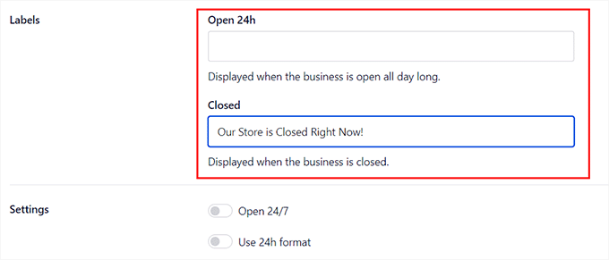 Add labels for business hours