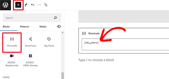 Add user count shortcode in block editor