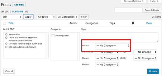 ویرایش انبوه نویسنده برای چندین پست در وردپرس