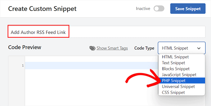 Choose the PHP Snippet option for the author RSS Feed code