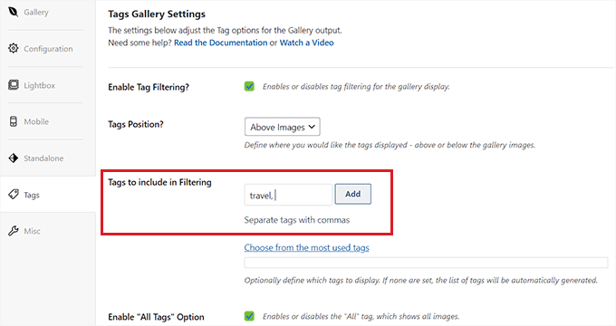 Choose specific tags for filtering
