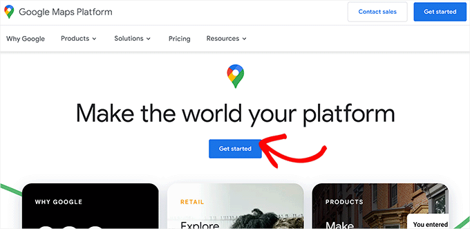 Click the Get Started button on the Google Maps platform
