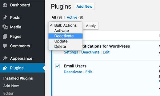 Select and deactivate all plugins in WordPress