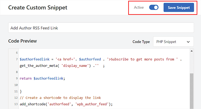 Save the snippet for displaying the author RSS feed