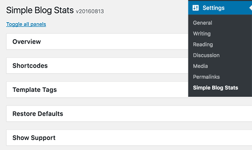 Settings page for Simple Blog Stats