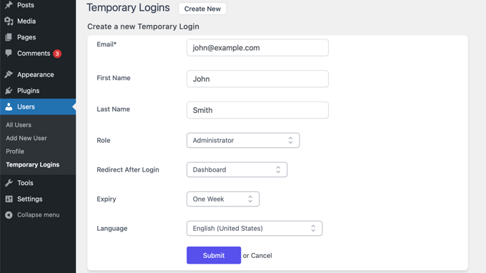 Adding a new temporary account in WordPress