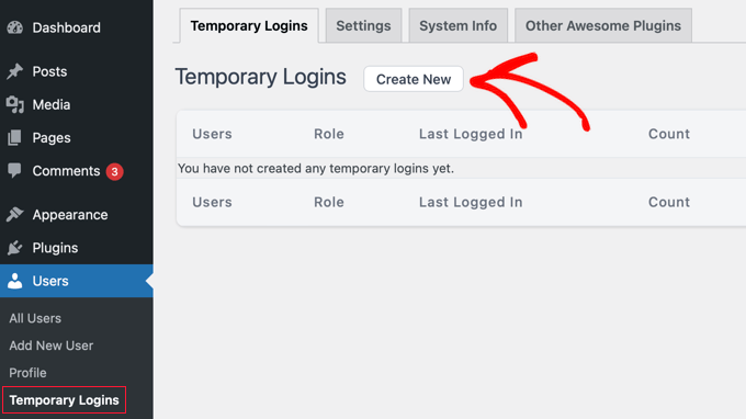 Adding a new temporary login in WordPress