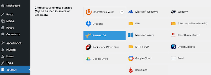 A choice of backup storage locations in UpdraftPlus
