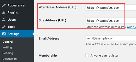 Changing WordPress Address and Site Address options from admin area