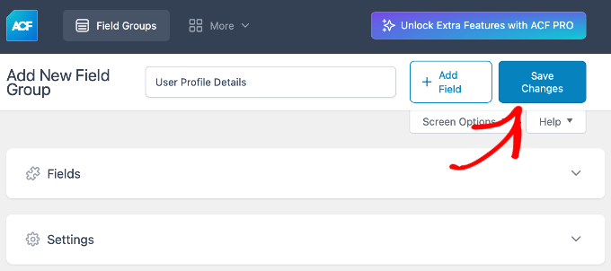 Salvare le modifiche al nuovo gruppo di campi in ACF