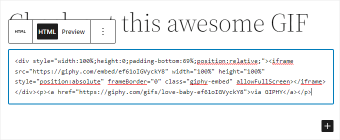 adding GIPHY embed code to html block