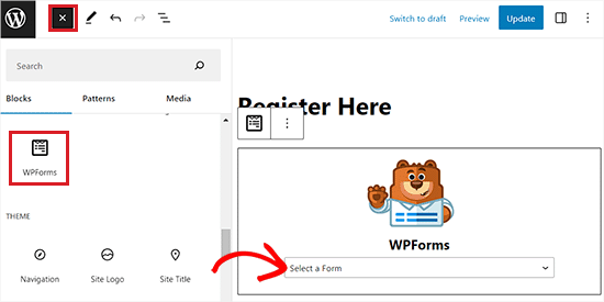 Add user registration form to the block editor