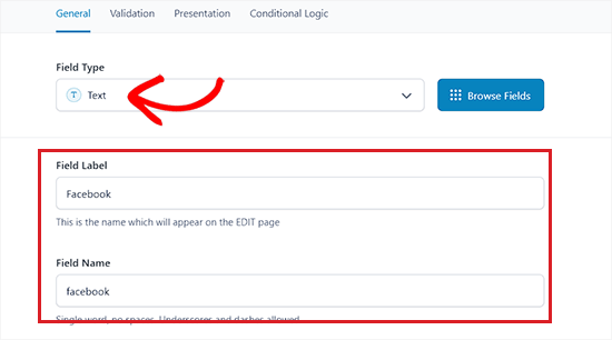 Choose field type and label