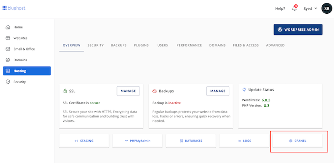 How to launch the cPanel web hosting panel 