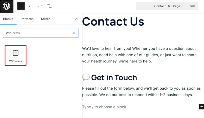 Agregar el bloque WPForms